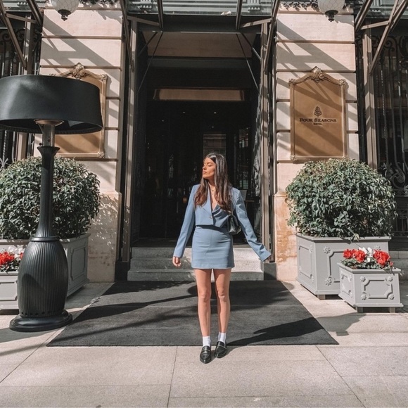 ZARA 2 Piece Topstitched Blazer + Skirt Blue L - Picture 5 of 12